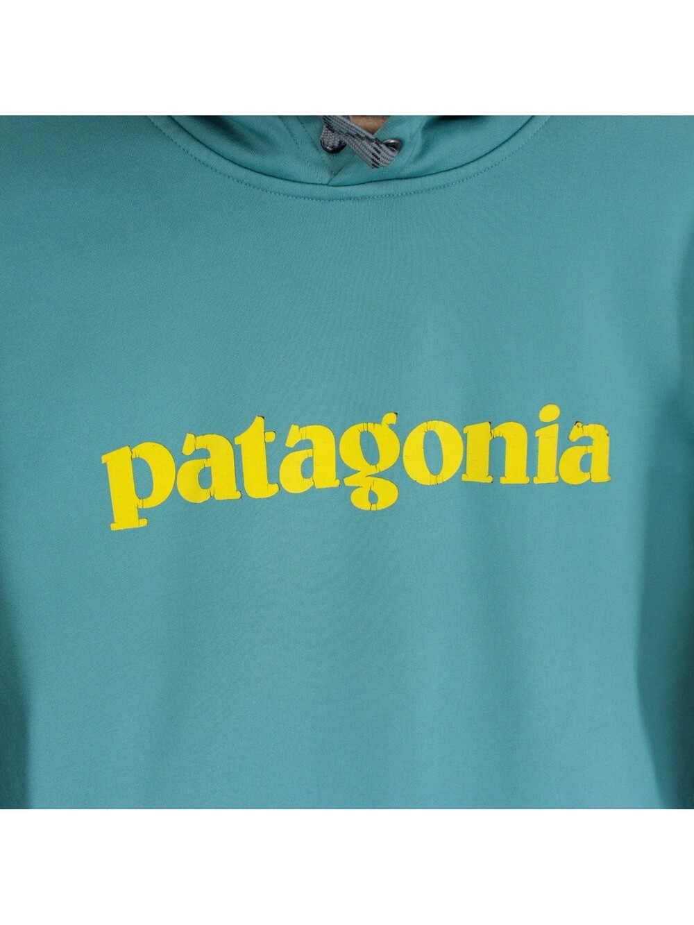 Patagonia Text Logo PolyCycle Hoodie Mens M Teal Pullover Fleece Sweatshirt - Picture 4 of 15